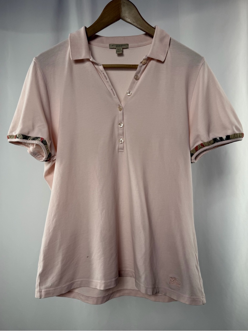Burberry Brit Short Sleeve Classic Print Trim Polo Shirt in Pale Pink Size XL